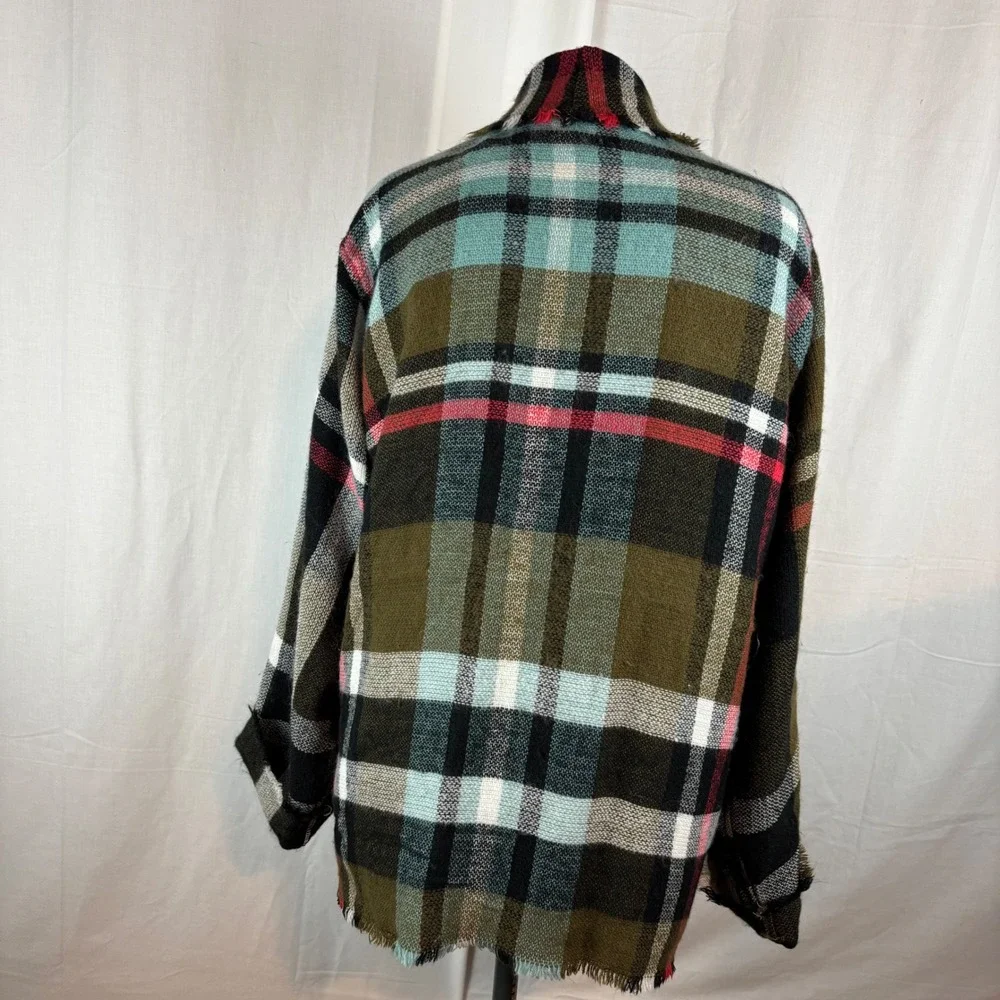 Upcycled Handmade Plaid Open Front Cardigan Jacket Frayed Hem Multi-Color